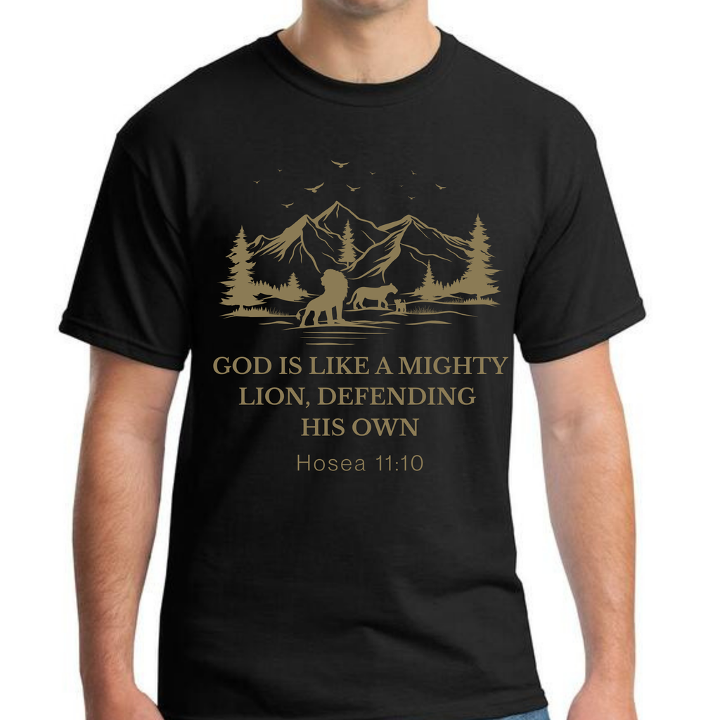 Christian T-Shirt – God Is Like a Mighty Lion | Hosea 11:10 Tee
