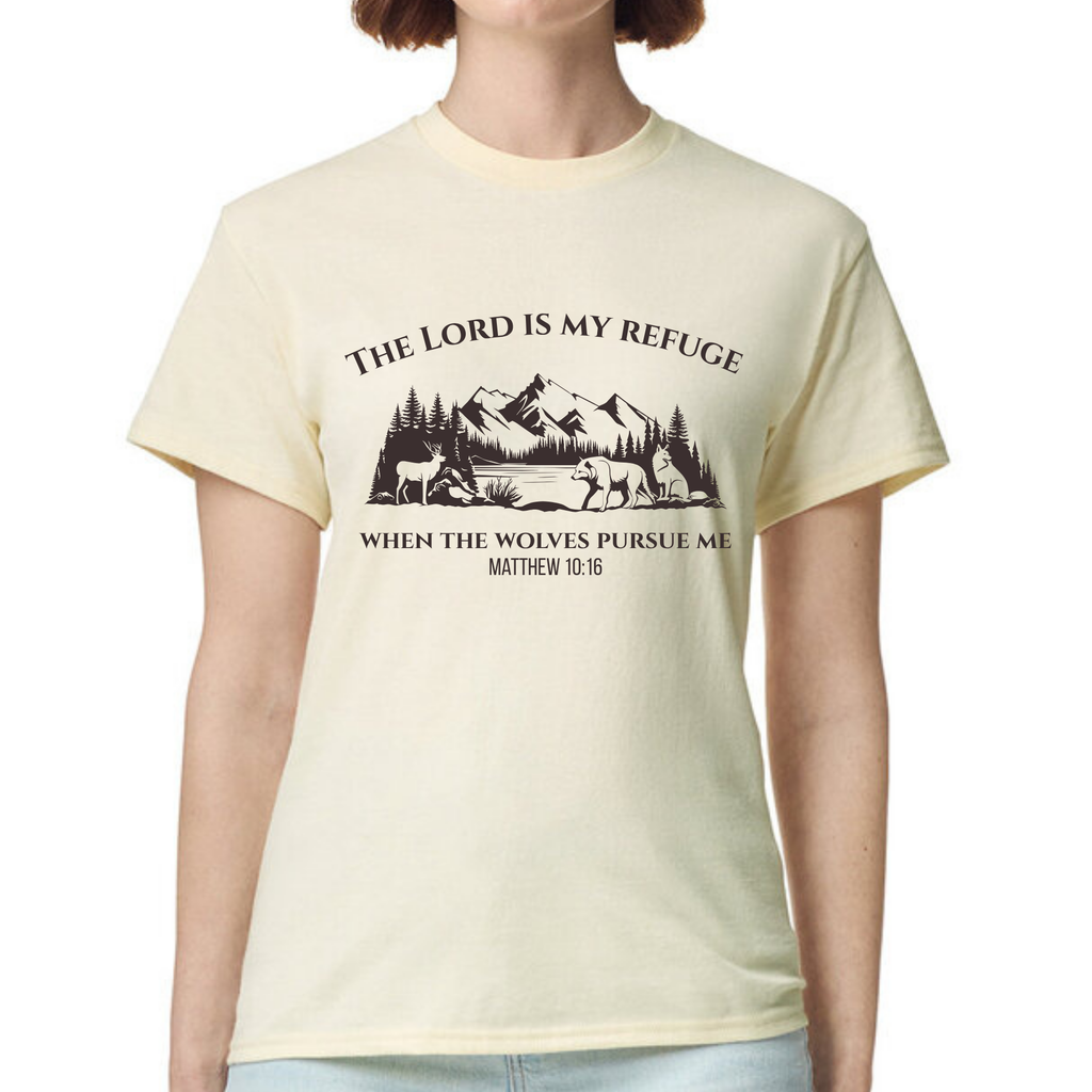 Christian T-Shirt – The Lord Is My Refuge | Matthew 10:16 Wolves Tee