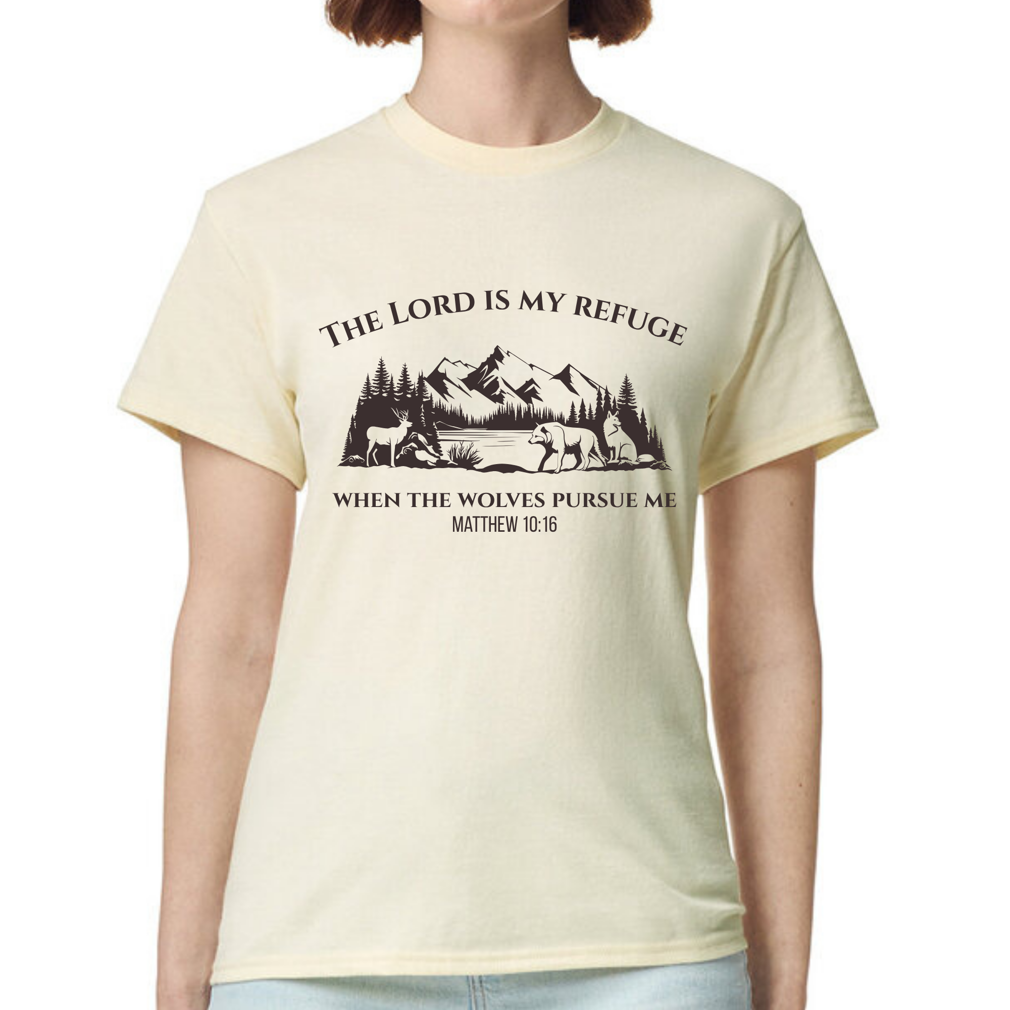 Christian T-Shirt – The Lord Is My Refuge | Matthew 10:16 Wolves Tee