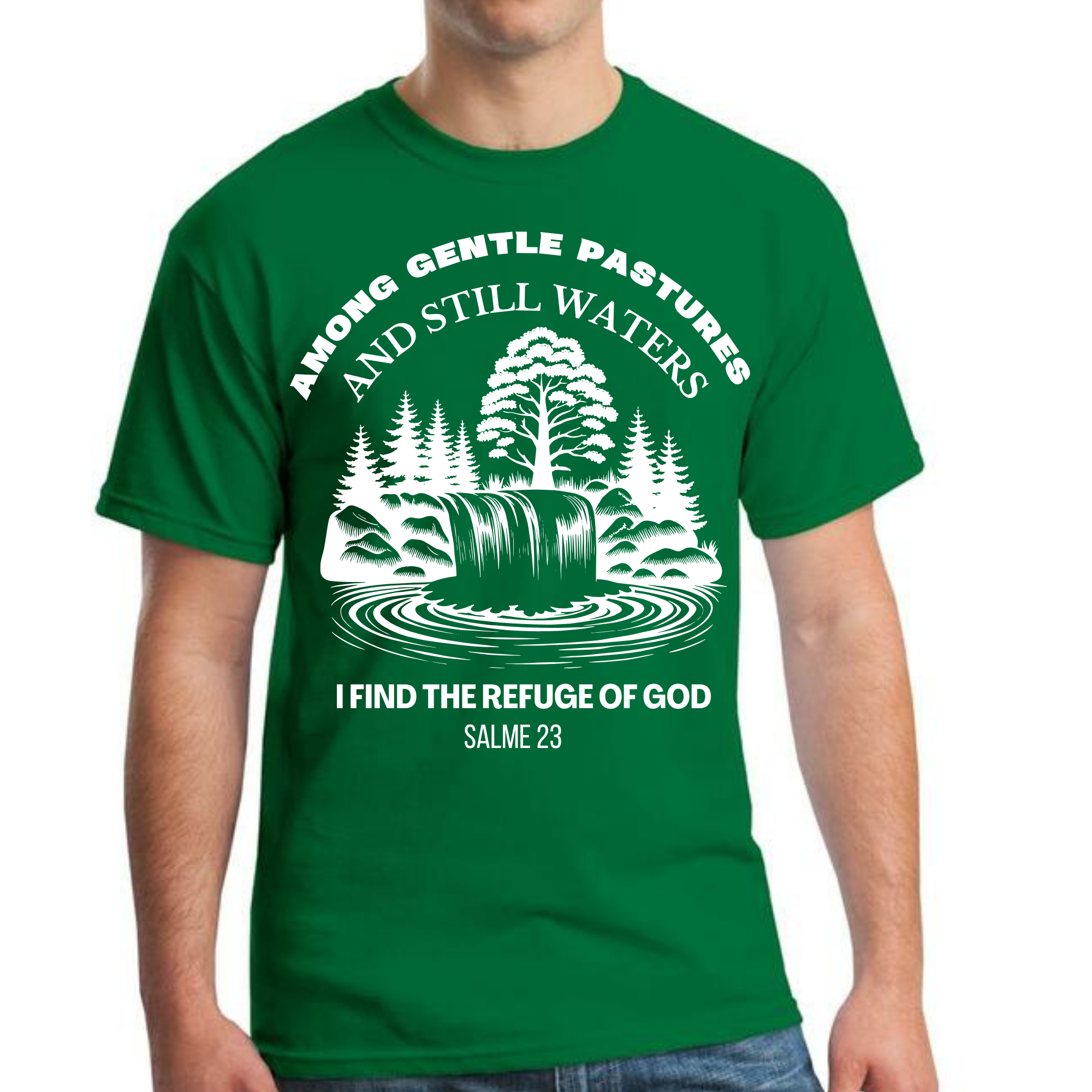 Psalm 23 Christian T-Shirt – Still Waters & Refuge of God Tee (Green)