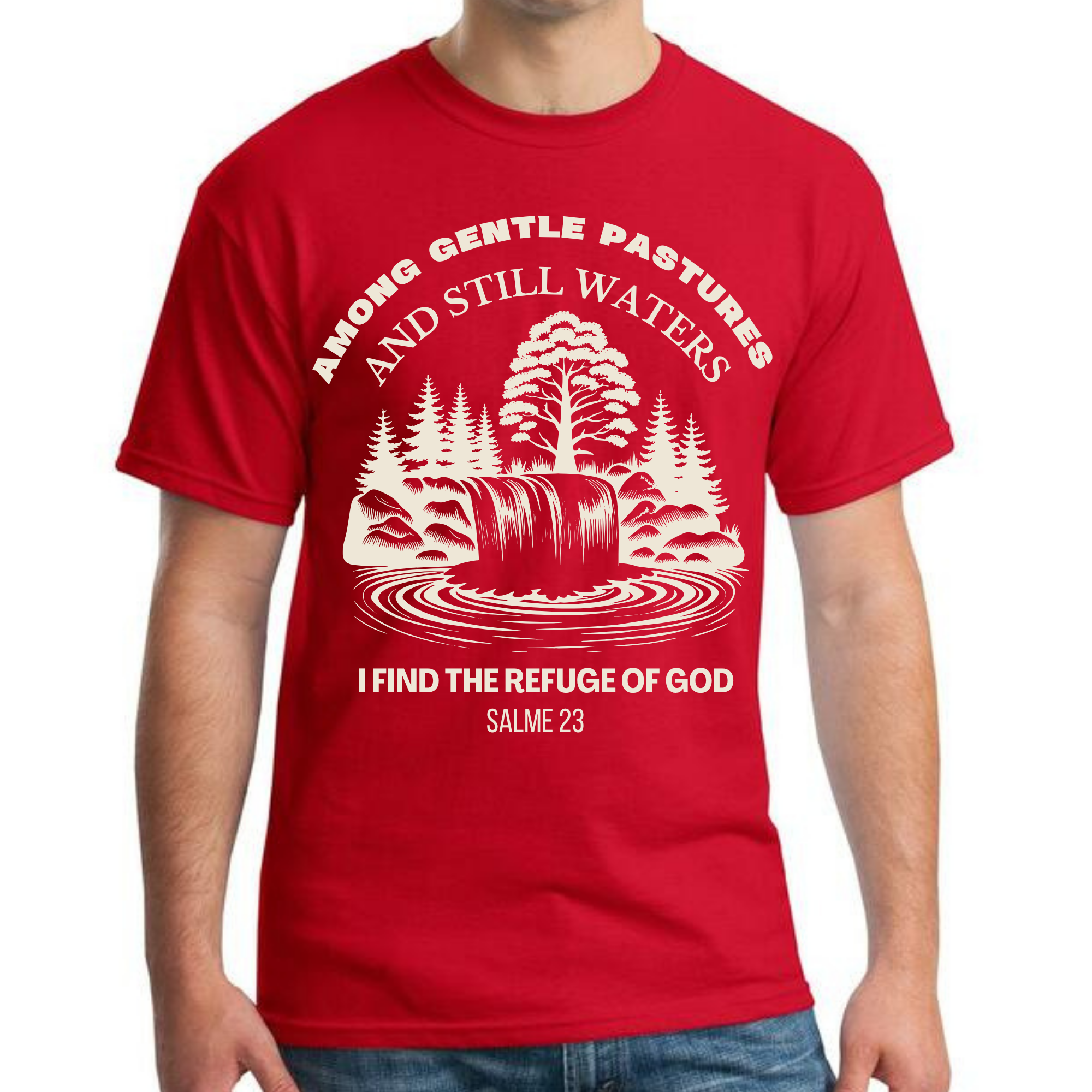 Psalm 23 T-Shirt – Still Waters & Refuge of God Tee | Red Christian Shirt