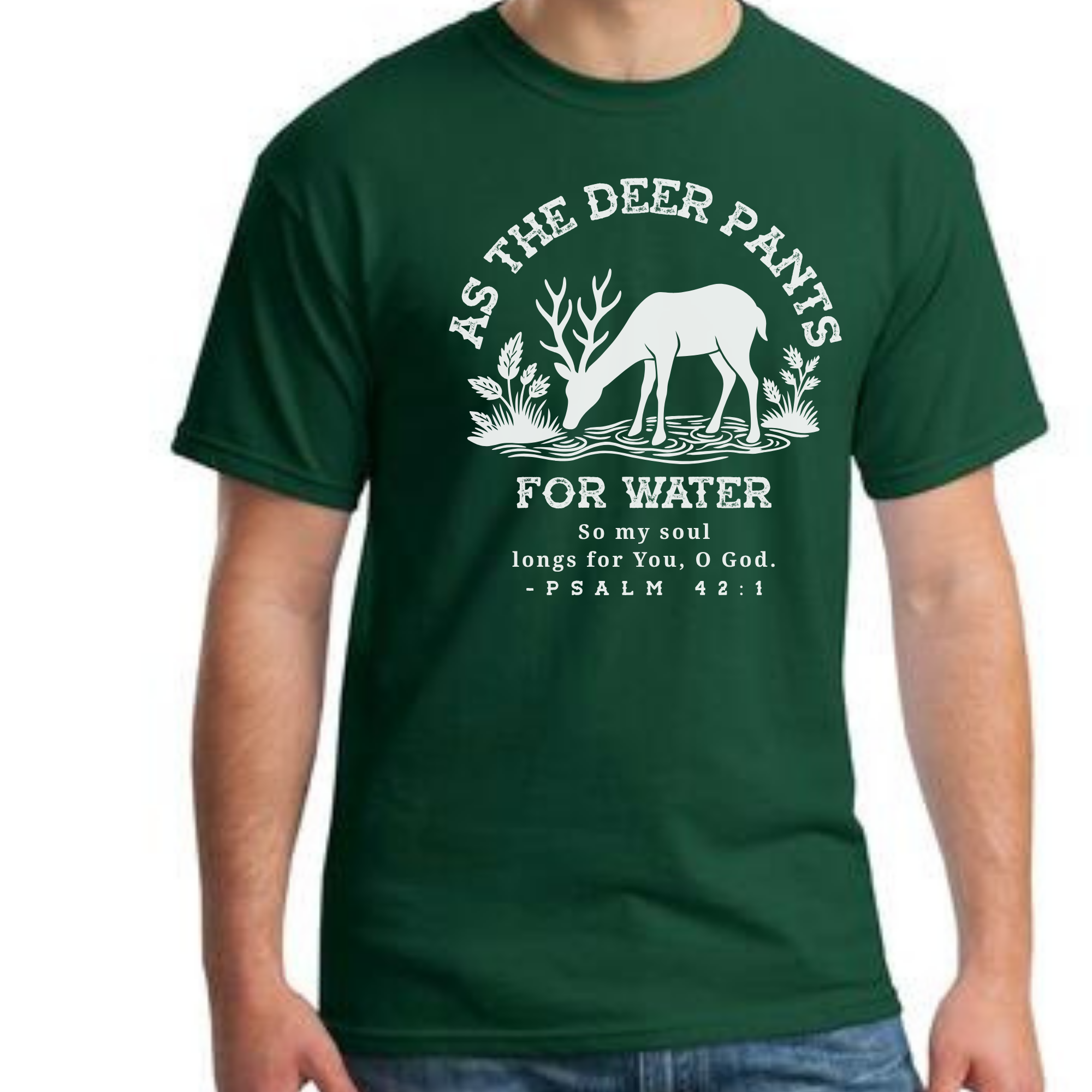 Forest Green Christian T-Shirt – Psalm 42:1 Deer Design | Bible Verse Tee