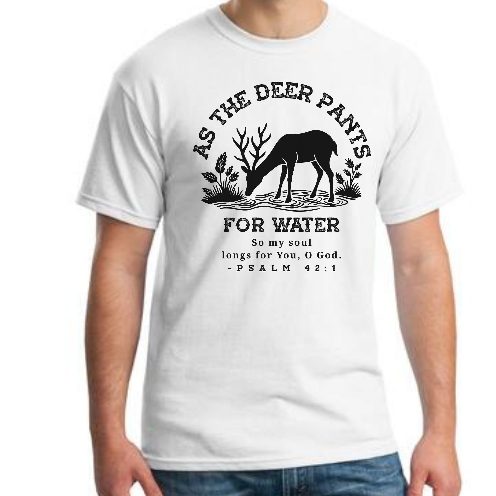 White Christian T-Shirt – Psalm 42:1 Deer Design | Faith Verse Tee