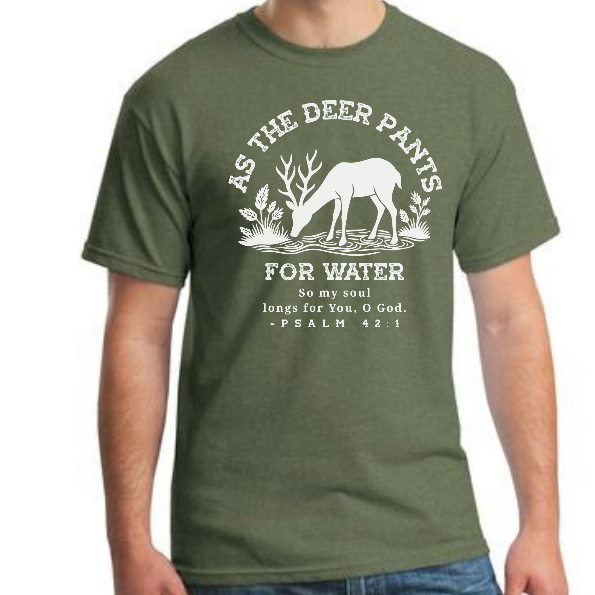 Heather Green Christian T-Shirt – Psalm 42:1 Deer Verse Tee